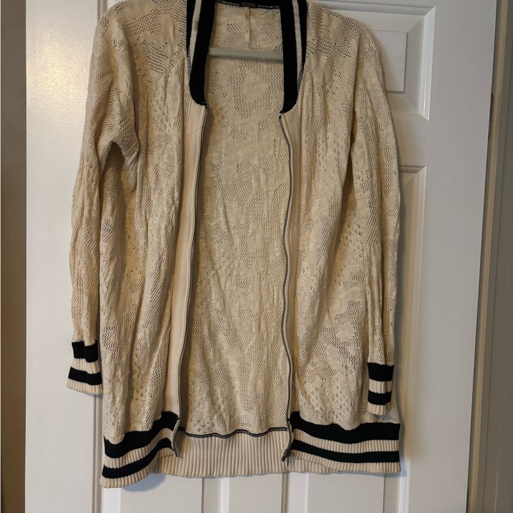 Chic Cream Free People Cardigan with Black Trim